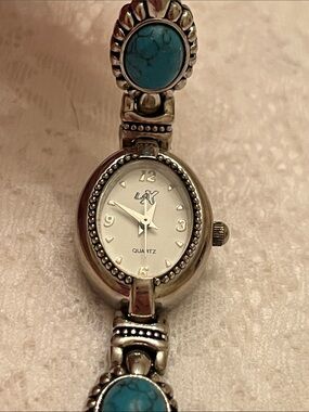 LaX Silver-Tone Turquoise Accent Women's Quartz Bracelet Watch